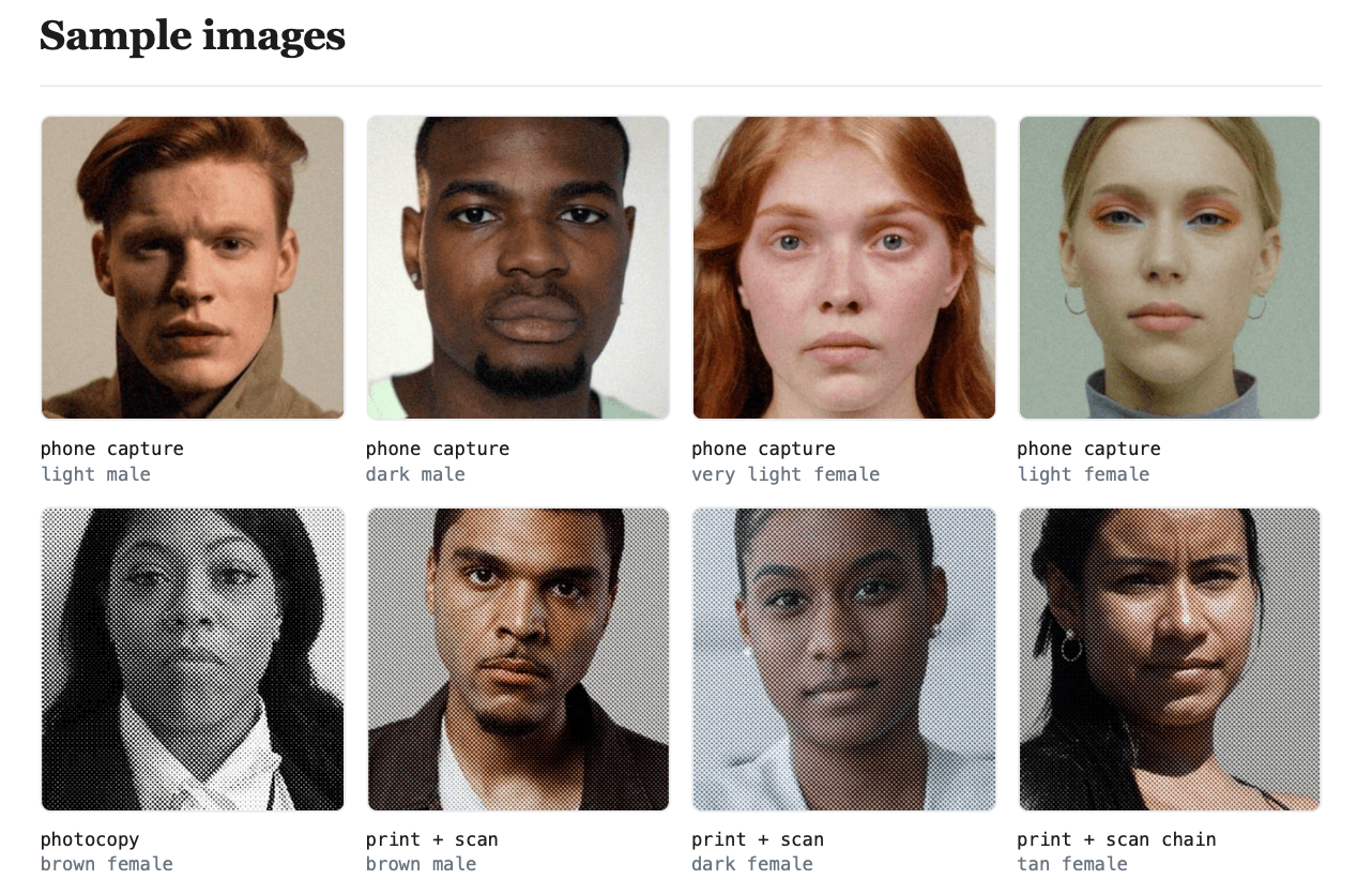 Grid of synthetic passport-style face photos after phone capture, photocopy, print-and-scan and a chained print-scan, each labelled with its demographic cell.